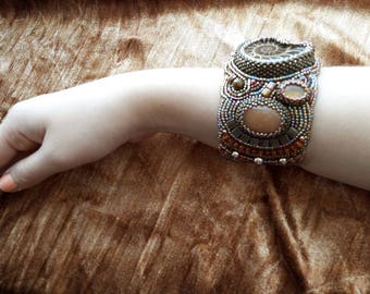 Aventurine bracelet Boho gift girlfriend Bead embroidered Brown gemstone bracelet ethnic Wide bracelet her Woodland boho beaded cuff