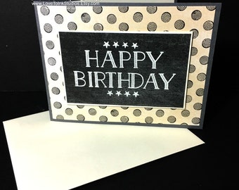 Birthday Card, Happy Birthday Greeting Card, Black, Vanilla Gray Dotted Printed Paper, Handstamped Greeting Card, Gender Neutral Card