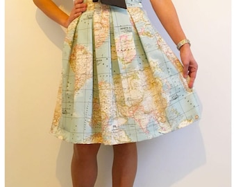 world map skirt pleated skirtmap printed high waisted skirt in blue vintage