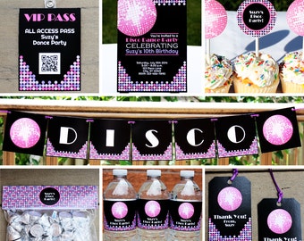 Disco Party Decorations Package PRINTABLE Retro Dance Birthday Party Decor Kit INSTANT DOWNLOAD with Editable Text