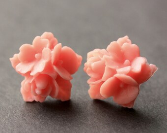 Coral Pink Flower Cluster Earrings. Flower Earrings. Silver Post Earrings. Pink Earrings. Stud Earrings. Flower Jewelry. Handmade Jewelry.