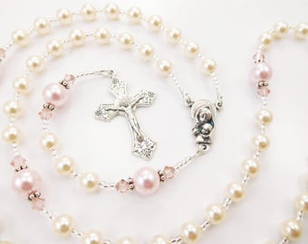 Personalized Catholic Rosary Beads in Cream and Pink - Swarovski Pearls and Crystals - Baptism, First Communion, or Confirmation Gift