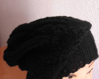 Hand knit hat Oversized Chunky Wool Hat black, hat slouchy hat black, cable hat Superwash Wool