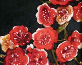 Oil on canvas with red cherry blossom