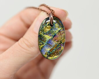 Dichroic Glass Pendant, Dichroic Jewelry, Fused Glass Necklace, Copper Wire Wrapped Necklace, 20” chain included