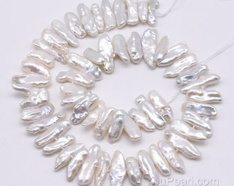 Biwa pearls, white freshwater pearl, center-drilled pearls, natural irregular Biwa pearls, genuine pearl full string on sale, FW500-WS