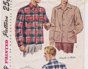 Simplicity 1961, 1940s Men's Casual or Lumberjack Shirt Vintage Sewing Pattern Size Medium, Neck 15-15 1/2, Complete Cut