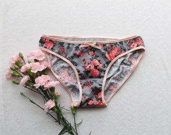 Grey and Coral Floral 'Josephine' Open Back Peep Hole Panties Handmade to Order