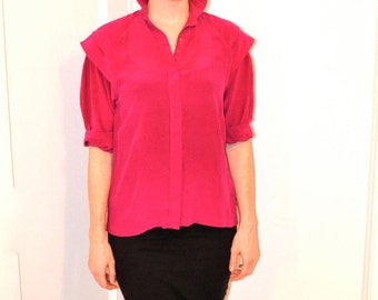 Vintage Pink Silk Shirt Size Small Medium with Shoulder Detailing 80s Silk Shirt Pink