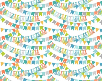 CALLIOPE fabric cotton patchwork Bannerline Blue Garland of multicolored flags on white x 50 cm