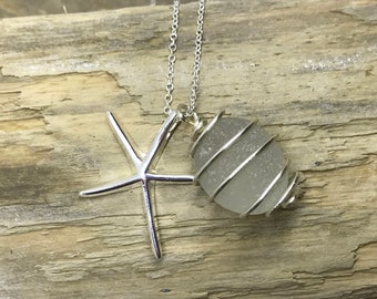 White sea glass pendant with silver star fish charm - jewellery - sea glass jewelry - necklace 0154