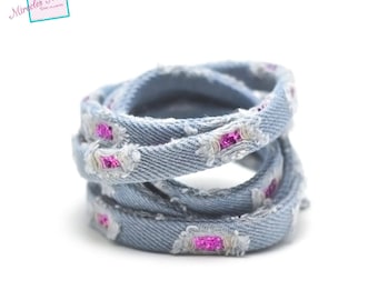 1 m cord/thong jean "vintage sequin" 10 x 2 mm blue clear/fuchsia