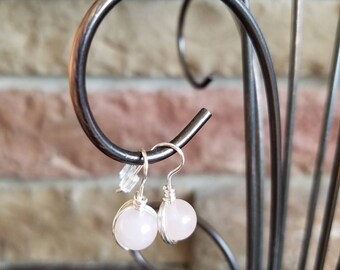 Rose Quartz Bead Drop Earrings. Silver Plate Fish Hook.