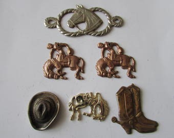 5 Vintage Little Western Findings Metal Horse Charm Boots Cowboy Hat