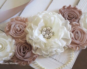 Ivory Taupe Maternity Sash, Gender Reveal Sash, Flower Sash, Belly Sash, Baby Shower Sash, Pregnancy Sash, RTS, Taupe, Beige, Tan, Ivory