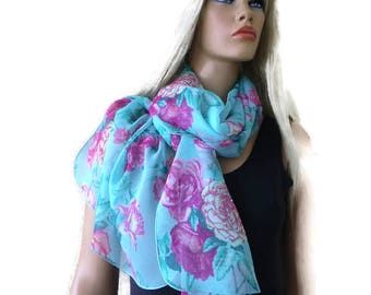 Aqua garden long floral chiffon scarf -Parisian Neck Tissu- Long summer scarves