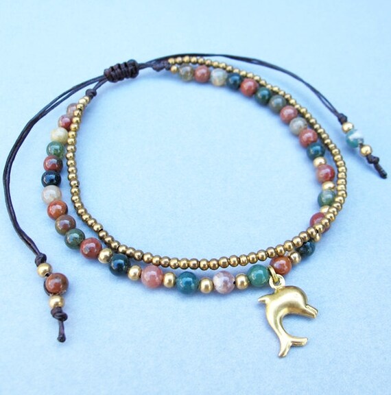 Charm Dolphin with 4 mm Moss Agate Brass Bead Double Strand