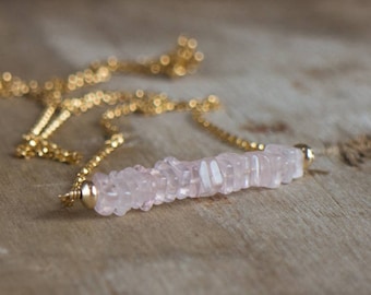 Rose Quartz Necklace, Gemstone Necklace, Rose Quartz Jewelry, Gemstone Bar Necklace, Healing Crystal Necklace, Heart Chakra, Gift for Her