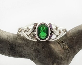 Emerald Green Ring~Silver Emerald CZ Ring~Emerald Green CZ Celtic Ring~May Birthstone~Celtic Promise Ring~Trinity Ring~Gift for Girlfriend