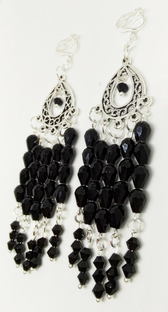 Black Clip On Earrings Crystal Glass Chandelier Black Clip On Earrings Crystal Glass Chandelier Long Handmade