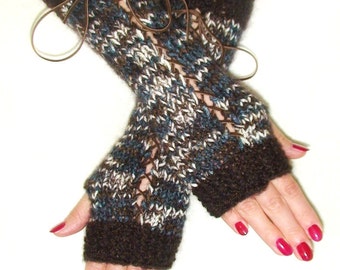 Fingerless Gloves in Dark Brown Brown White and Blue with Brown Suede Ribbons, Corset Gloves