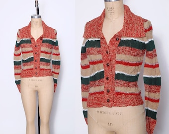 Vintage 70s SPACE DYE Sweater STRIPE Cardigan Crop Sweater Boho Sweater Cable Knit Cardigan