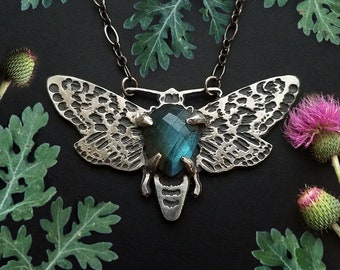 Moth Necklace with Labradorite, Copper or Silver, Insect Jewelry, based on my original drawing, Jamie Spinello