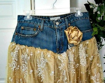 Belle Bohémienne exquisite vintage beige lace funky frou frou Renaissance Denim Couture bohemian jean skirt Made to Order