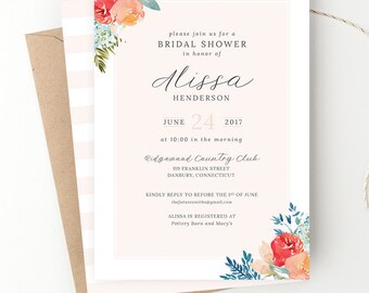 Watercolor Floral Bridal Shower Invite, Organic Wedding, Blush Shower Invitation, Baby Shower, Rehearsal Dinner, Printed or Digital File