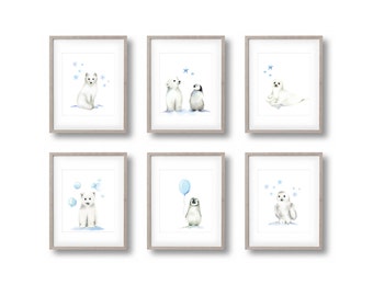 Arctic Nursery Art, Set of 6 Prints, Penguin, Polar Bear, Arctic Fox, Snowy Owl, Blue, Gender Neutral Baby, Baby Boy, Kids Art Prints