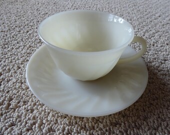 Vintage Fire King Oven Ware Ivory Swirl Tea Cup and Saucer Made in USA Circa 1950s-1960s