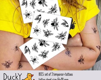 Set of 3 temporary tattoos "Bees". You will get 21 tiny bees! Lovely kids tatts with bugs and flies - honey bees party bag supply. TT091