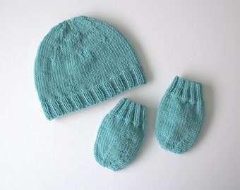 Hand knit baby hat and mittens set/ Merino wool hat, newborn mittens (3-6)months
