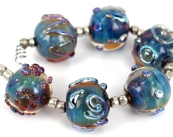 Lampwork glass beads Round Metallic Stones Lampwork beads (6) SRA, jewelry supplies, handmade lampwork, beads