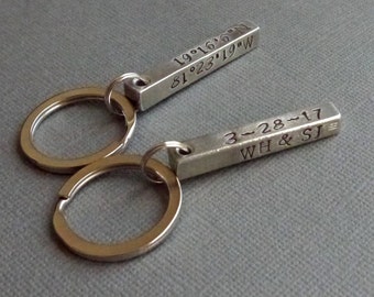 Pewter bar keychain - hand stamped - couples keychain - latitude longitude keychain - custom bar keychain - 10th anniversary