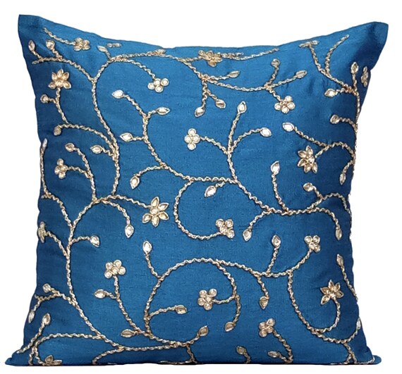 Handmade Peacock Blue Throw Pillows Cover For Couch