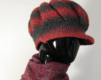 Red and black newsboy hat Winter women accessories Ribbed hat crochet Slouchy beret Visor hat knit Grey hat Red hat Wool hat Gift for sister