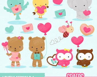 LOVELY ANIMALS 1 - Digital Clipart Set, Bear Clipart, Valentine Clipart, Bird Clipart, Owls Clipart.