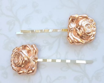 Rose Gold Enchanted Rose Hair Pin Set of 2, Bobby Pins, Beauty and the Beast Rose, Woodland, Garden Wedding, Nature, Vintage Bridal Hair