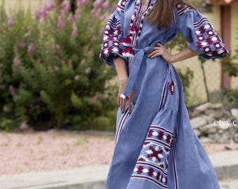 Vyshyvanka Blue Linen Embroidered Dress Ukrainian Vyshyvanka Dress Mexican Dress Kaftan Abaya, Caftan Free Shipping Boho style