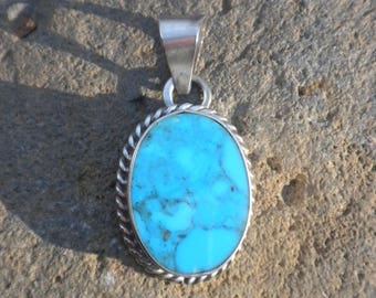 Vintage - Blue Turquoise Pendant, Sterling Silver, Robin's Egg Blue, Oval, Pendant
