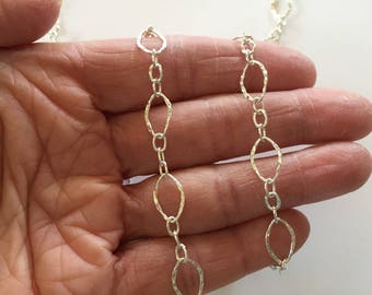 Solid Sterling Silver 925 Chain Hammered Oval Long and Short, Chain by the Foot for jewelry making - Precious metals chain - (ch538)