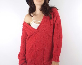 Vintage 90s Chunky Salmon Oversized V-Neck Sweater