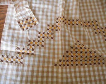 Vintage, Handmade Brown Gingham Apron with Chicken Scratch Embroidery