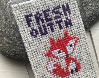 Special Edition Keychain “FRESH OUTTA” Fox Completed Cross stitch on silver flecked fabric mature adult NSFW funny gift party favors