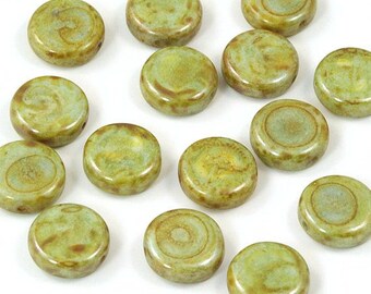 Czech Glass Green Picasso Coin Beads 12mm - 15