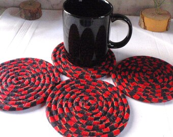 Red and Black Coiled Fabric Coasters - Set of 4 - Handmade by Me, Absorbent Coasters for Your Table