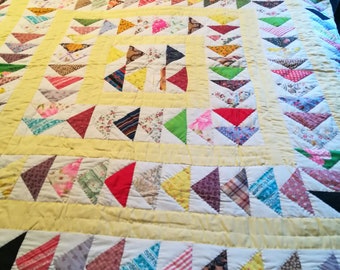 Wonderful Flying Geese Pattern Quilt, Full size, Hand Stitched, Bright colors