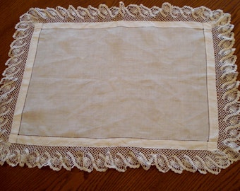 Linen tray cloth with crochet trim