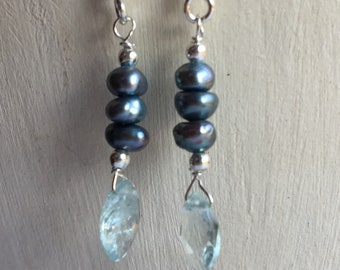 Aquamarine and pearl earrings
